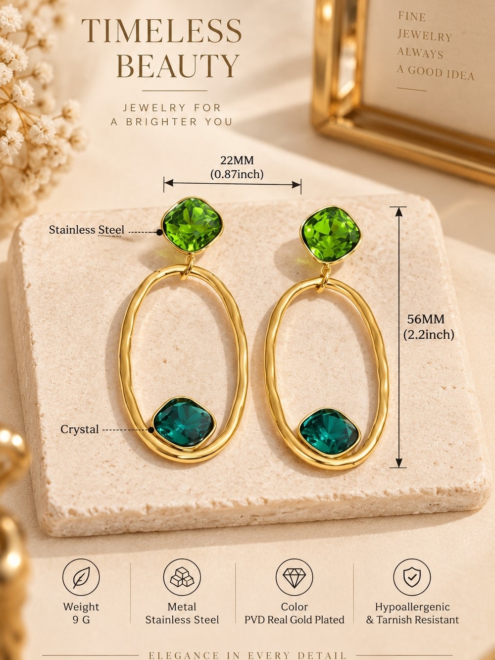 Gold Drop Earrings with Green and Teal Stones - Picture 4 of 6